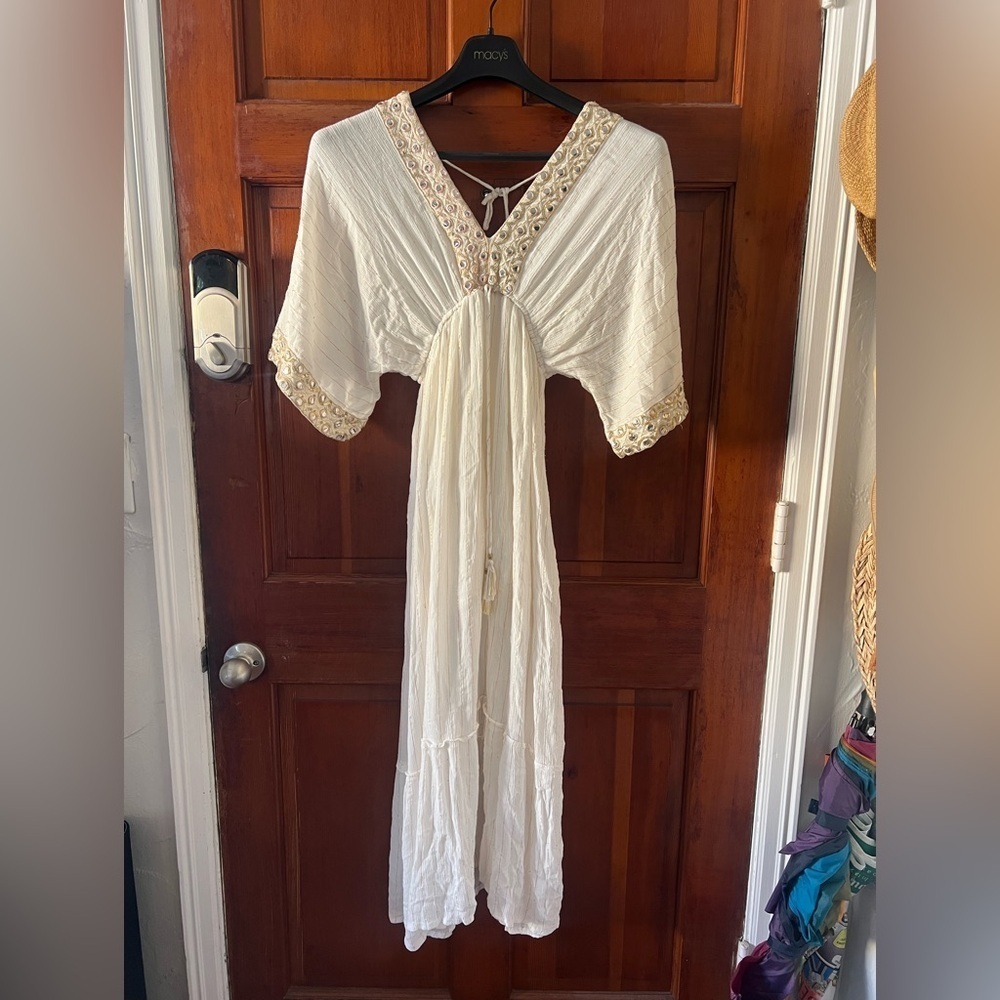 Ivory Boho Mirror Embellished Maxi Dress Viscose Kaftan Festival Beach Resort - Picture 6 of 17
